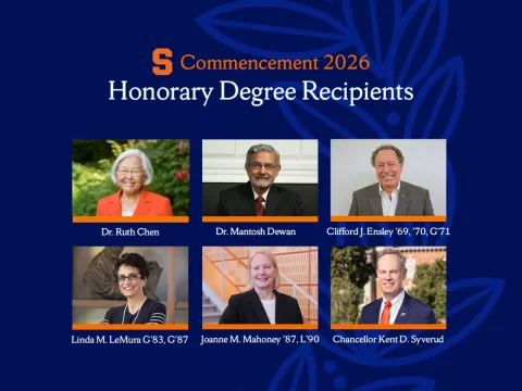 A navy blue graphic with the Syracuse University "S" logo and orange text reading "Commencement 2026 Honorary Degree Recipients." Six headshot photos are arranged in two rows of three, each labeled with a name: Dr. Ruth Chen, Dr. Mantosh Dewan, Clifford J. Ensley '69, '70, G'71, Linda M. LeMura G'83, G'87, Joanne M. Mahoney '87, L'90, and Chancellor Kent D. Syverud.