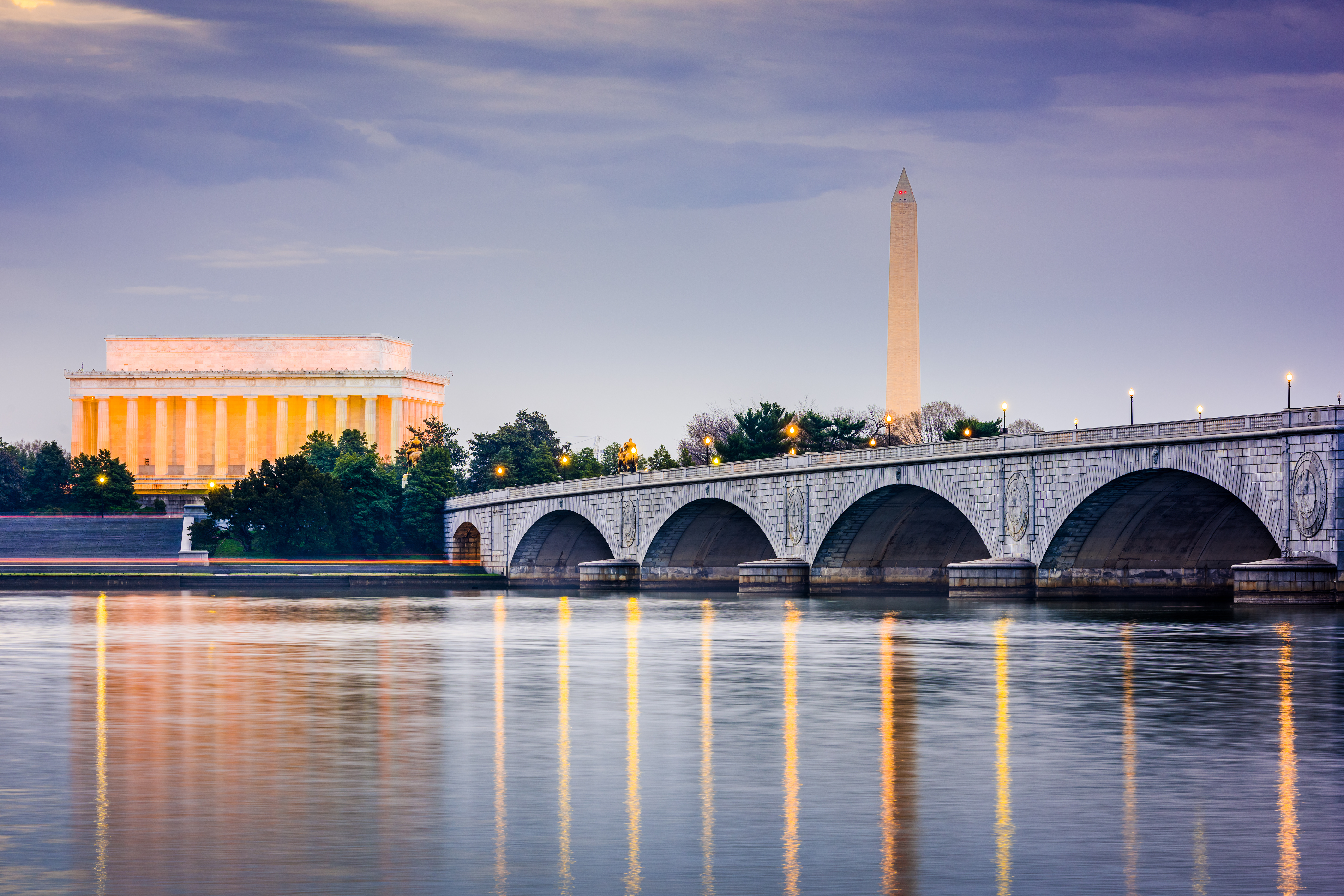 Photo of DC skyline with monuments in the backgrounds. 
