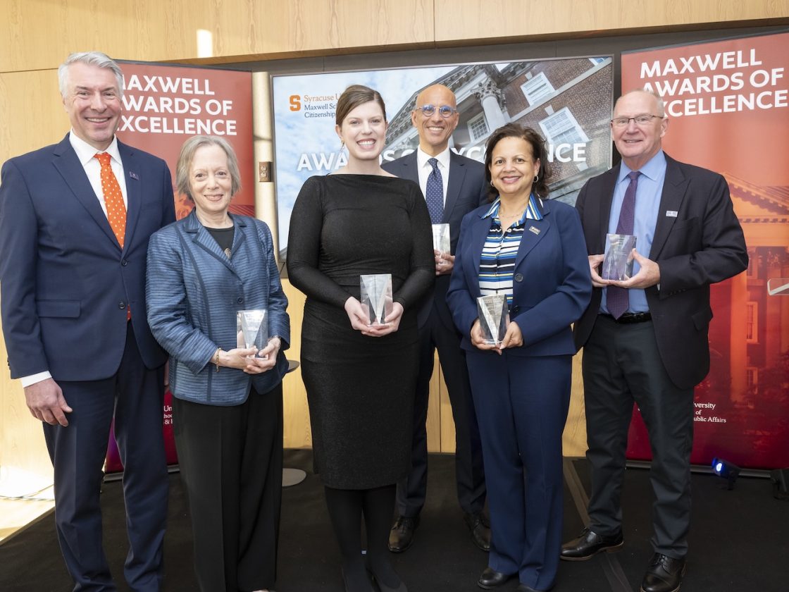 Maxwell Dean David M. Van Slyke with honorees, from left, Roslyn Mazer, Emily Fredenberg, George Farag, Susan T. Gooden and Jeff Eckel