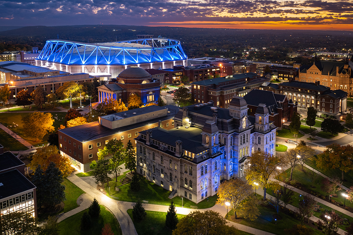 Ariel view of Syracuse University campus at dusk