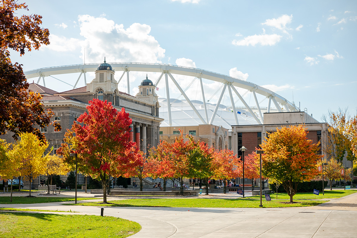The JMA wireless dome behind Carnegie Library and trees turning color in the fall