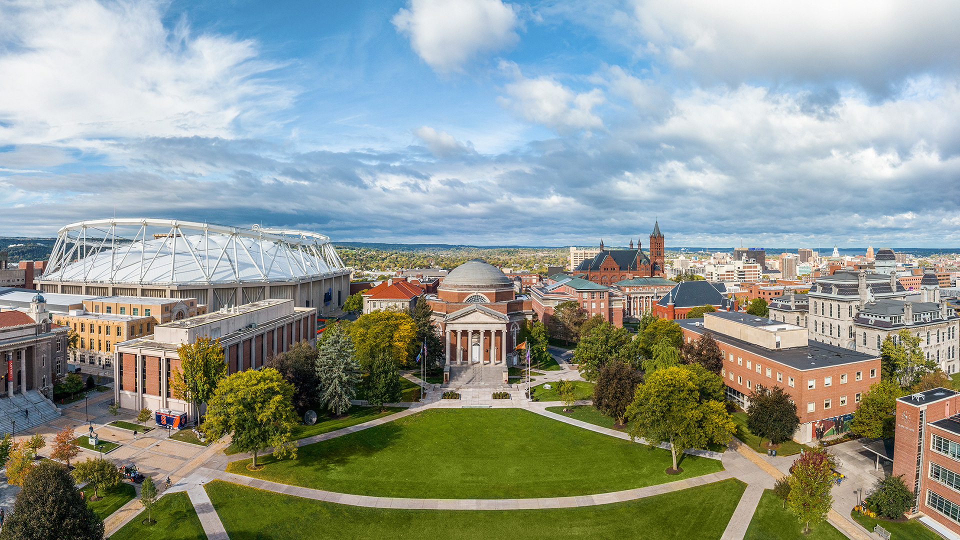 Ariel view of Hendricks Chapel on Syracuse University's campus in the afternoon