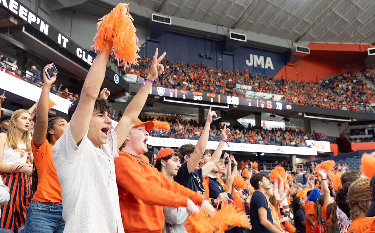 A crowd in a stadium scheering