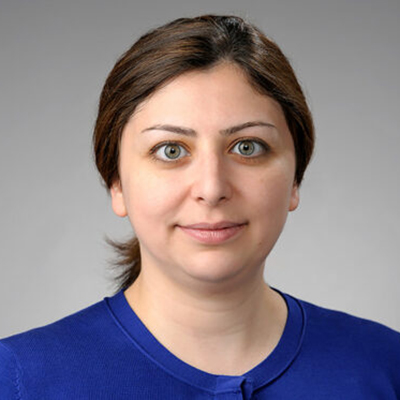 A woman with long pulled back dark hair, and wearing a royal blue shirt.