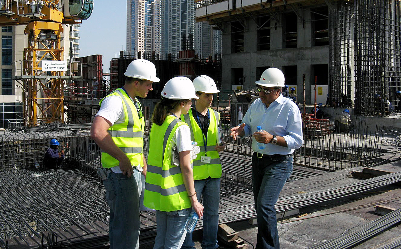 Students interning in Dubai at a construction site