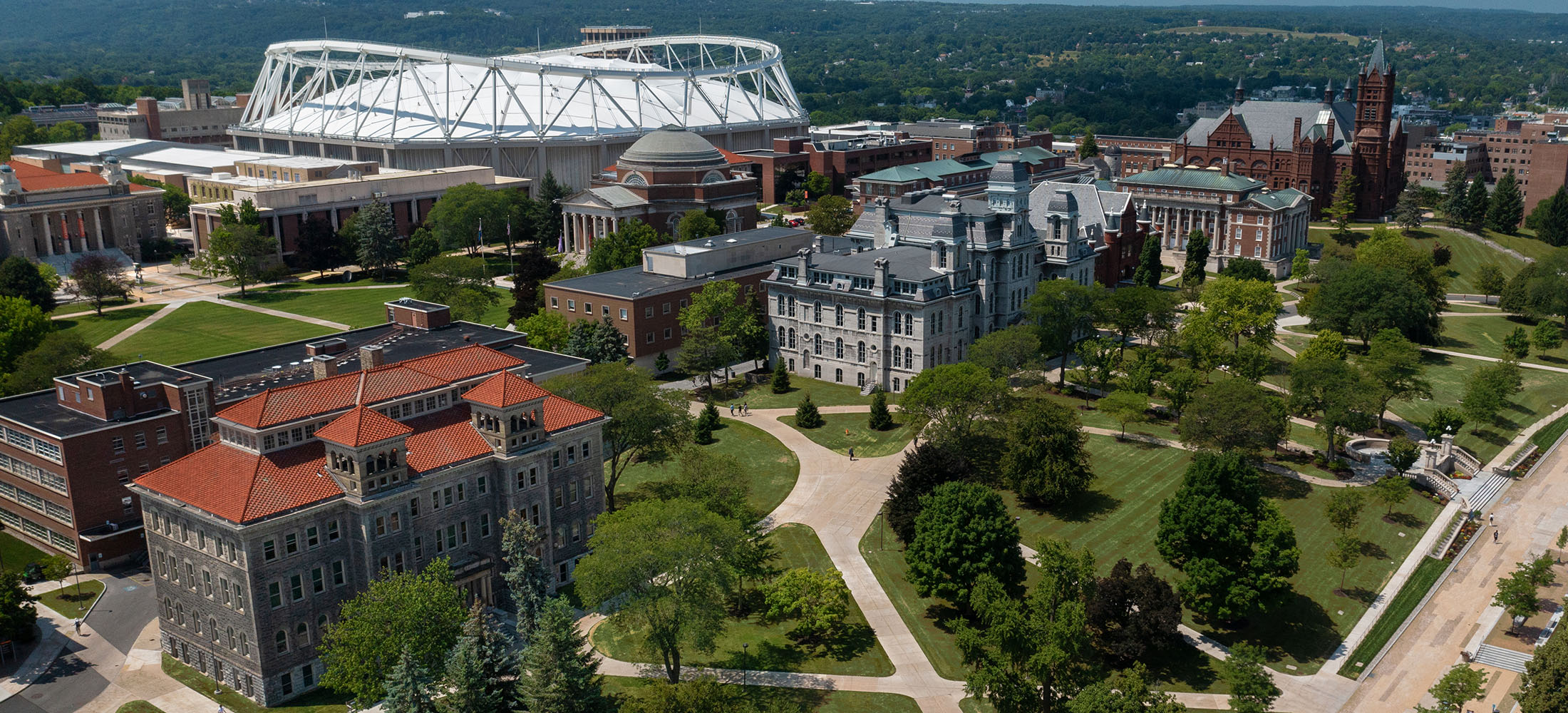 Drone shots of campus during the summer.