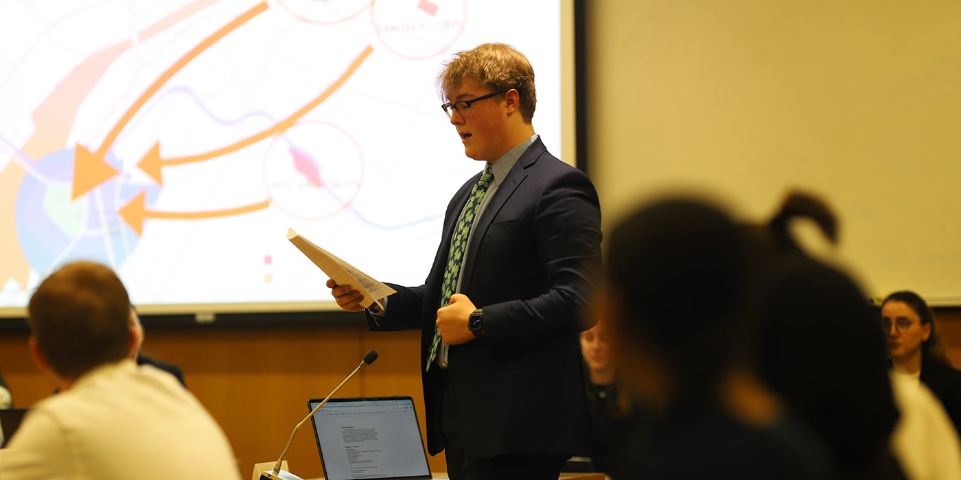 Student presenting evidence at a mock trial