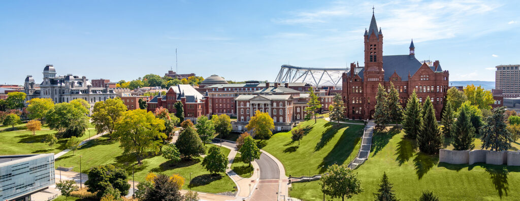 View of campus from Crouse Hinds Hall during the first week of fall.