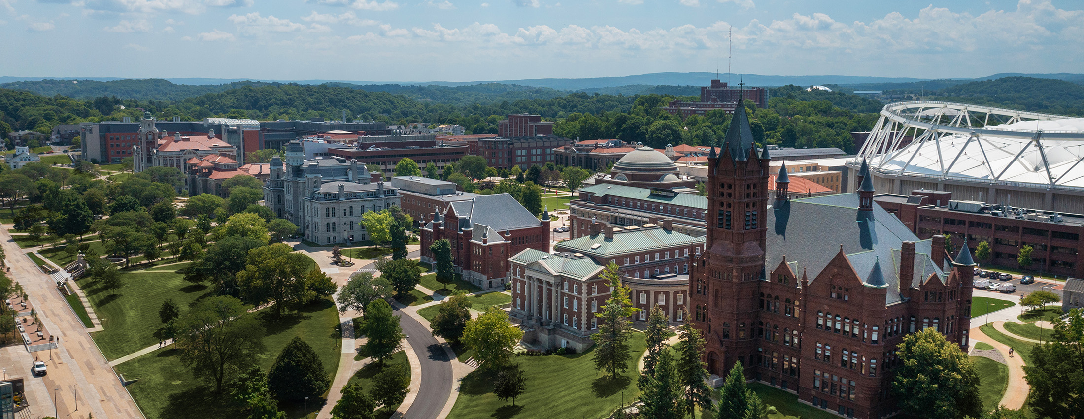 Drone shot of campus during the summer.