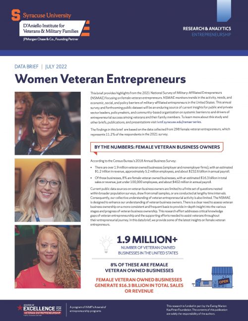 Cover of data brief for women veteran entrepreneurs 2022