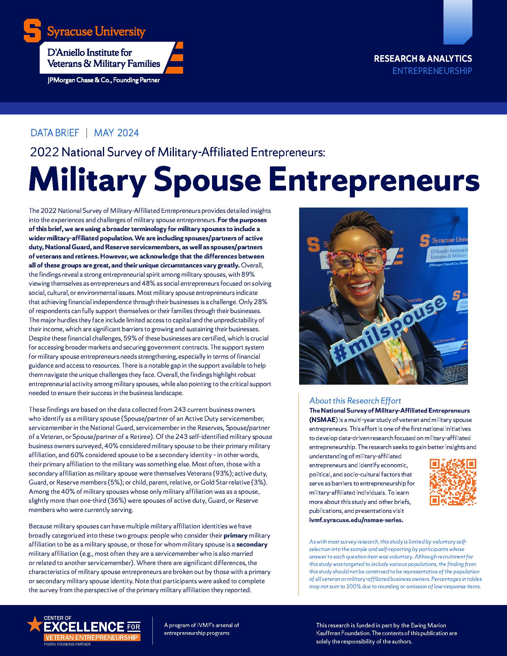 Thumbnail for data brief: 2022 National Survey of Military-Affiliated Entrepreneurs: Military Spouse Entrepreneurs