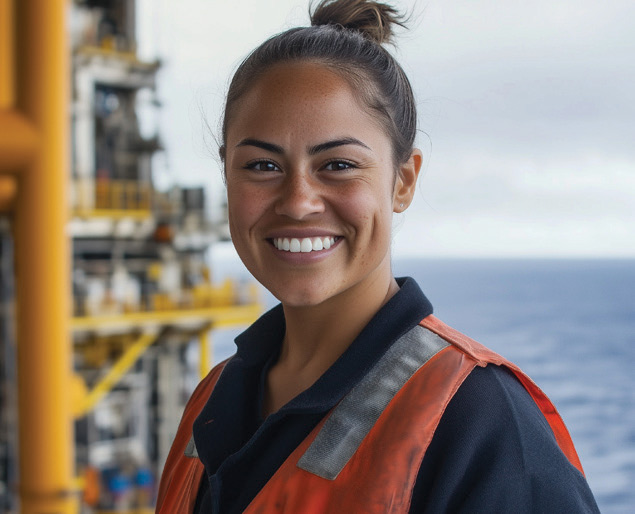 Smiling woman in an orange reflective safety vest stands in an industrial facility, with yellow machinery and equipment behind her; confident, welcoming tone.