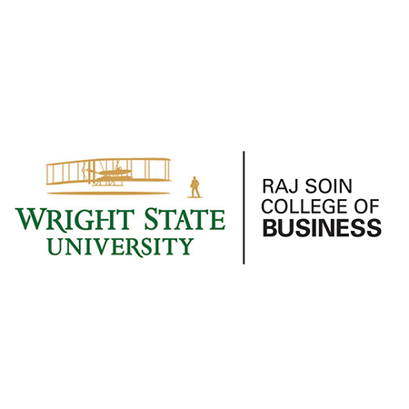 Wright Brothers style of old fashion airplane with Wright State University and RAJ SOIN college of business logo