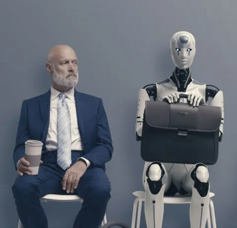 Human sitting next to a robot both going for an interview