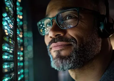 A man staring at a server with the lights reflecting in his glasses.