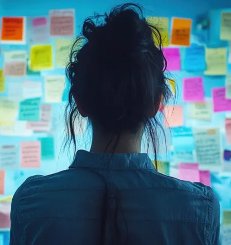 A photo taken behind a woman's head staring at a wall of post-it notes.