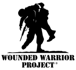 Wounded Warrior Project Logo of one soldier carrying another in silhouette. 