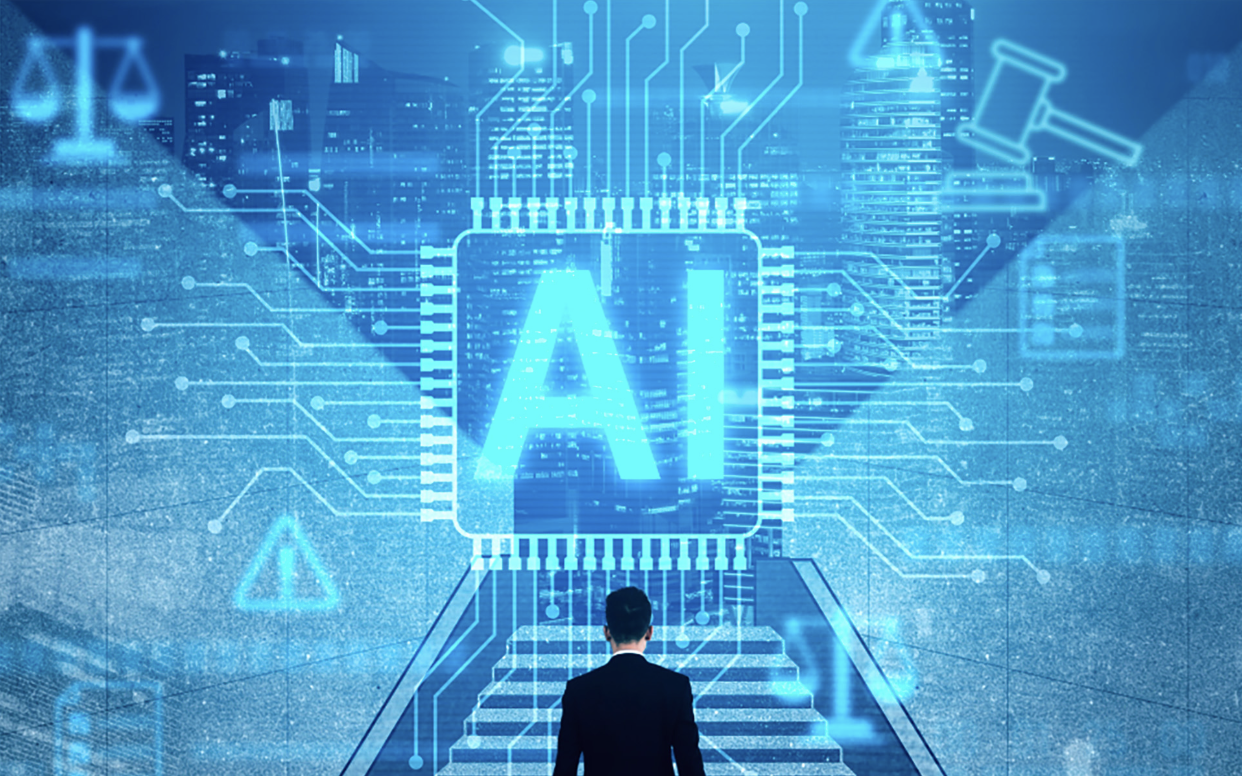 AI generated image showing icons of a lawyer walking up the steps and icons of law.