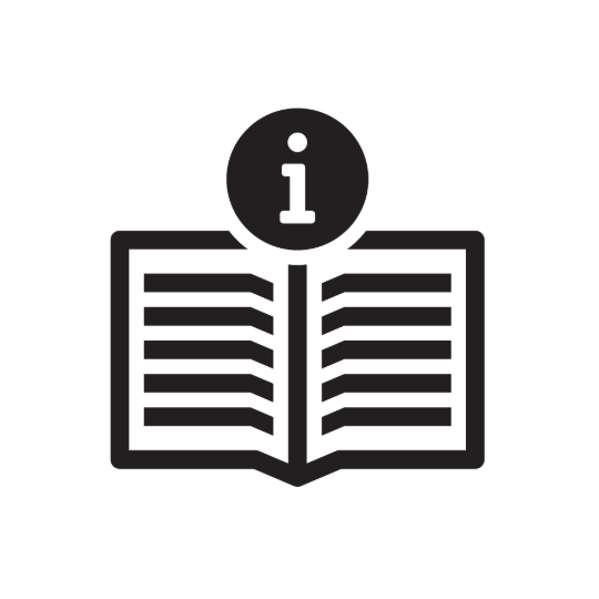Icon of an open book with an i over it, representing information.