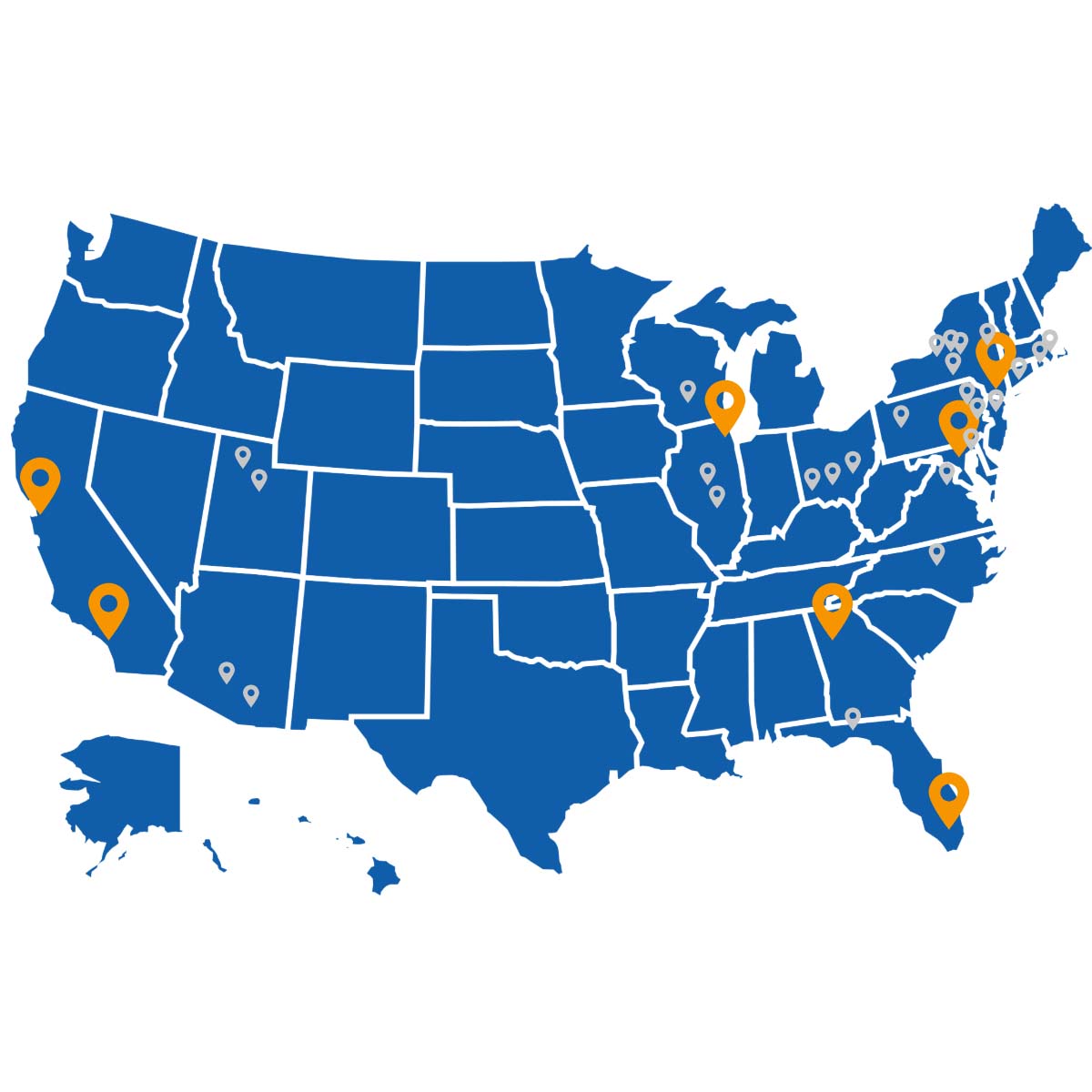 Blue map of the U.S. with location icons where the law school is recruiting in orange.