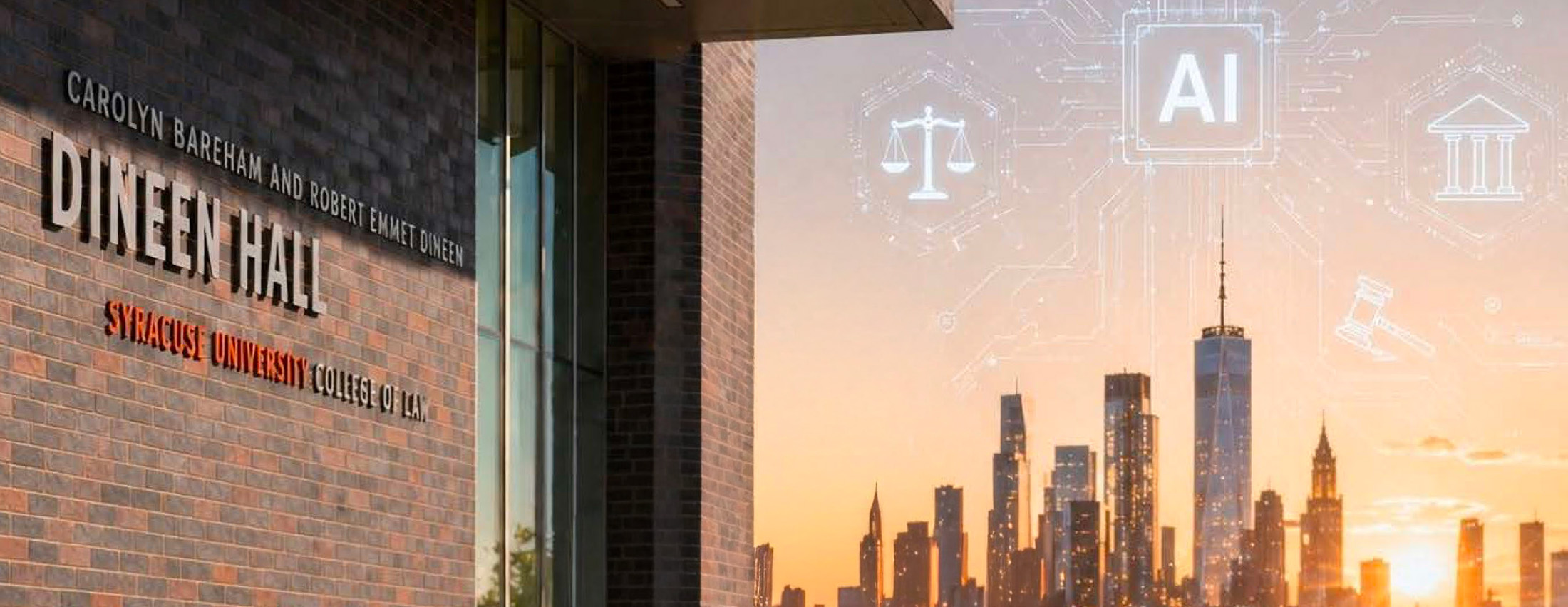 Dineen Hall on the left with a futuristic city with digital AI in the sky on the right