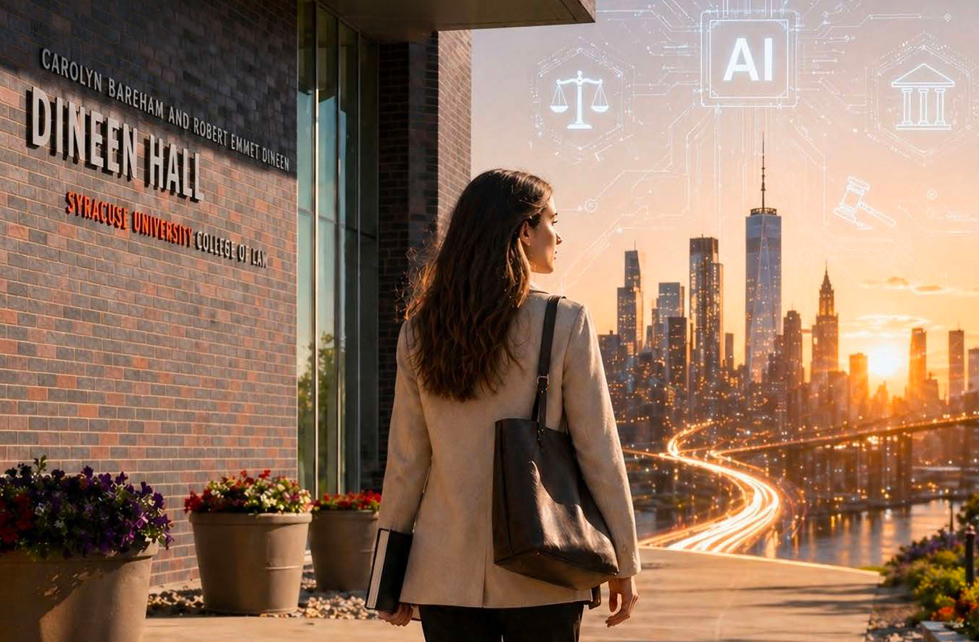 AI generated woman stands in front of Dineen Hall holding a book and a bag, as she looks off into an AI generated, futuristic looking city.