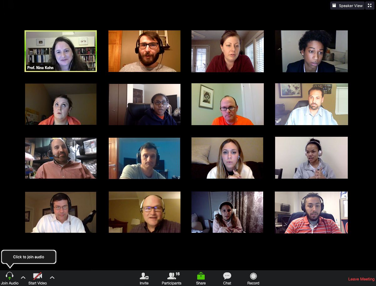 JDinteractive online class screenshot, with 16 squares of students learning on Zoom