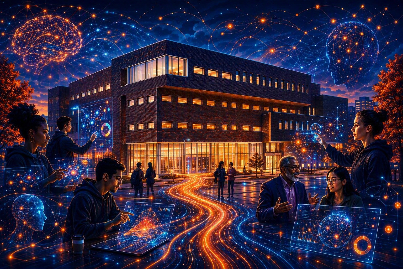 AI created image of Dineen Hall with students studying, and tech elements surrounding the building.