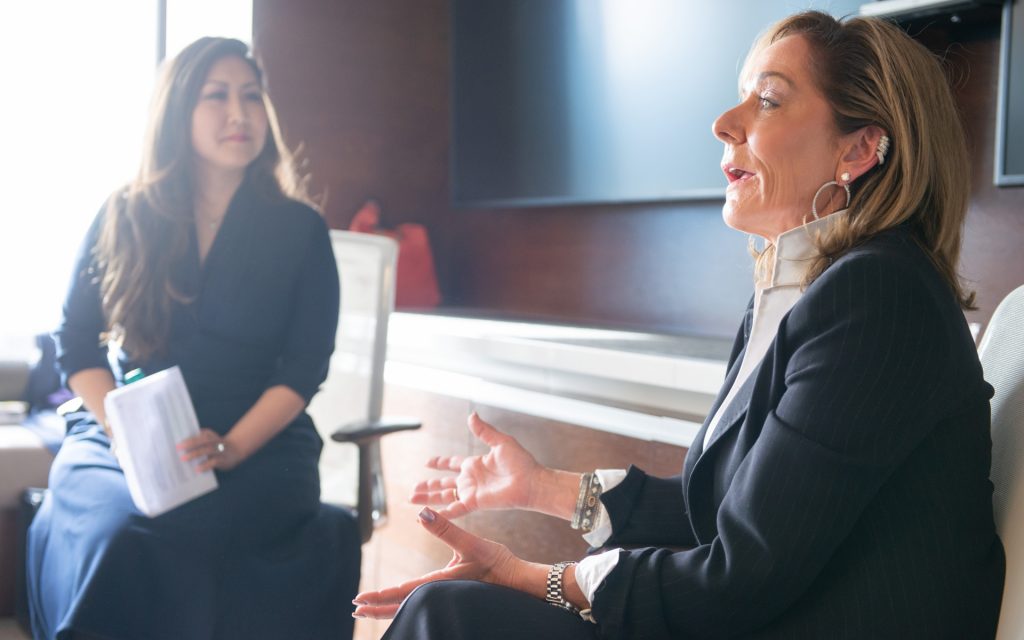 Brooke Hasegawa moderating a fireside chat with Melanie Gray at the Los Angeles Bankruptcy Residency