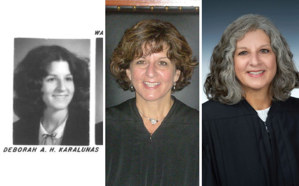 Three side by side images of Deborah Karalunas - a composite from law school, one early in her career and one present day in a judge robe