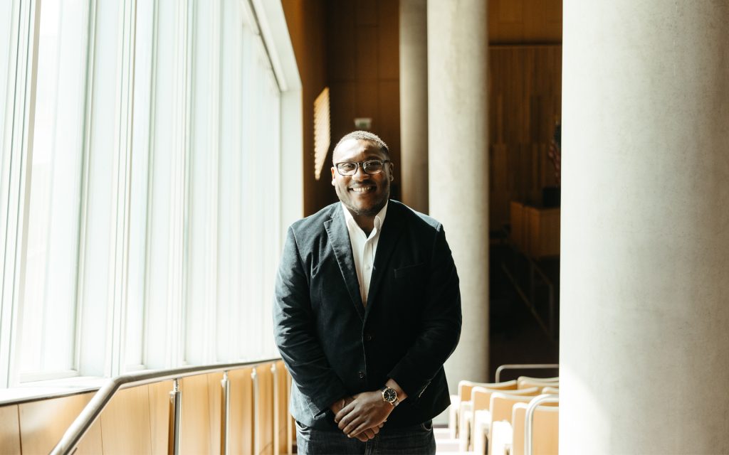 Linton standing in the courtroom