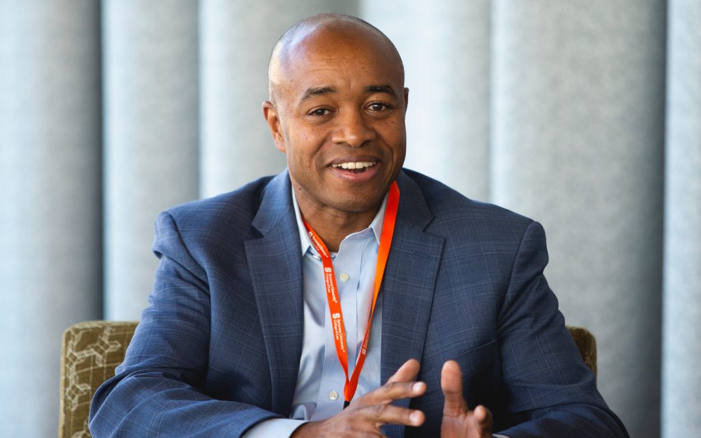 Charles Taylor addressing students and alumni at the NVRC in 2022