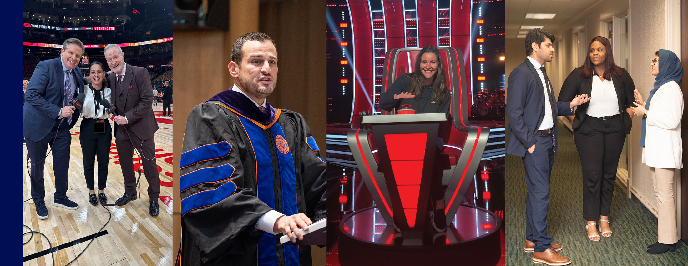 four feature photos from the stories book stories, one on the basketball court, adam speaking at opening convocation, one sitting in a chair for the Voice and three LL.M. students chatting
