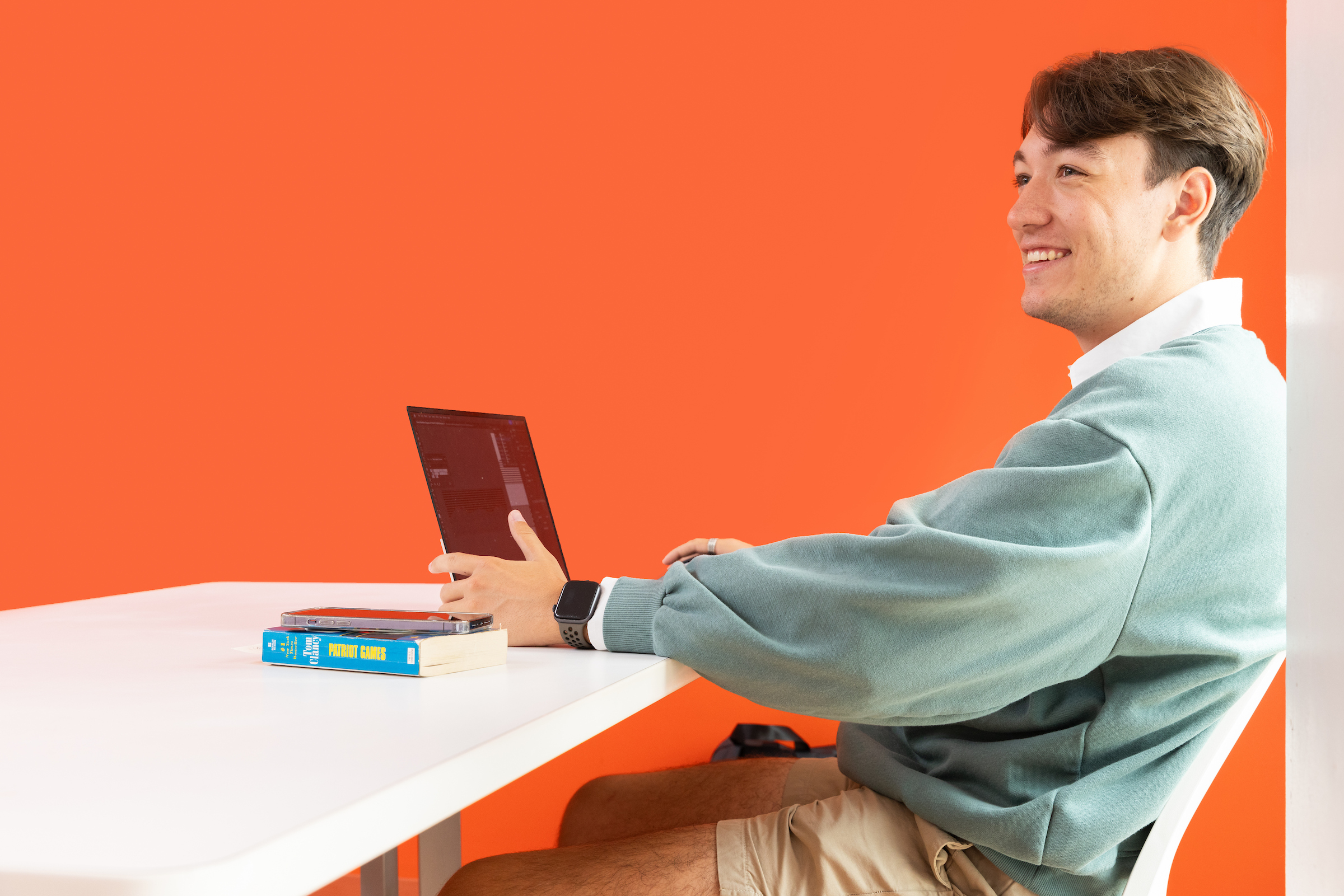 Jackson Carrier on his computer in his Ernie Davis dorm on Syracuse University's campus. 