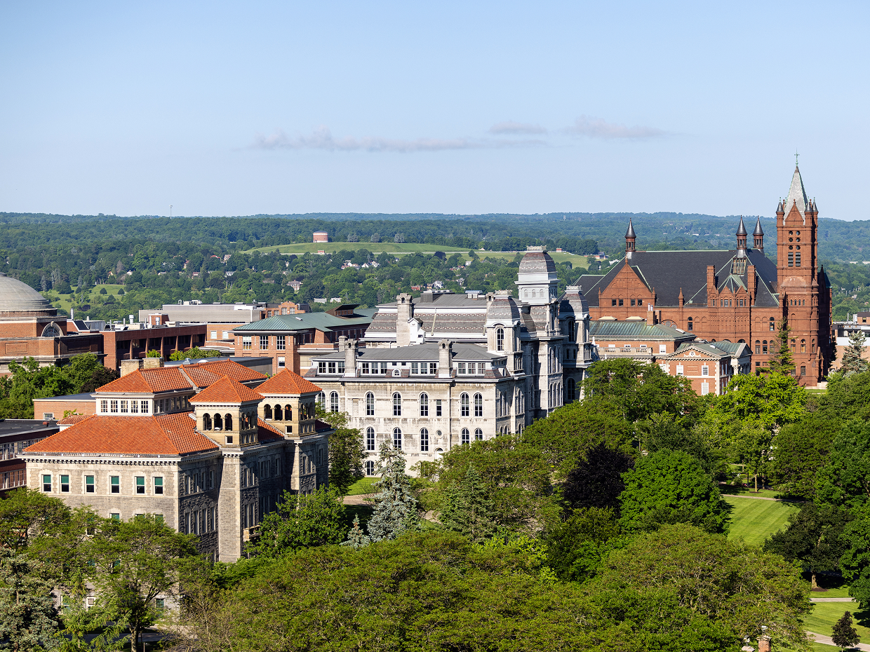 University campus with historic buildings and surrounding greenery