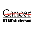 Black text saying "Cancer" with a red slash through it, a logo for the company UT MD Anderson. 