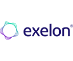 Purple lowercase saying "exelon" and a blue and purple wavy circle next to it for the company Exelon's logo.