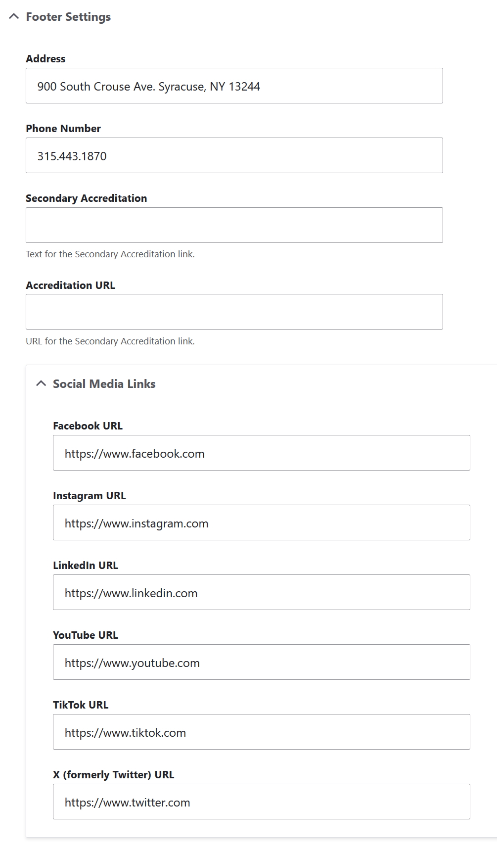 Drupal footer settings for Syracuse University owned websites. 