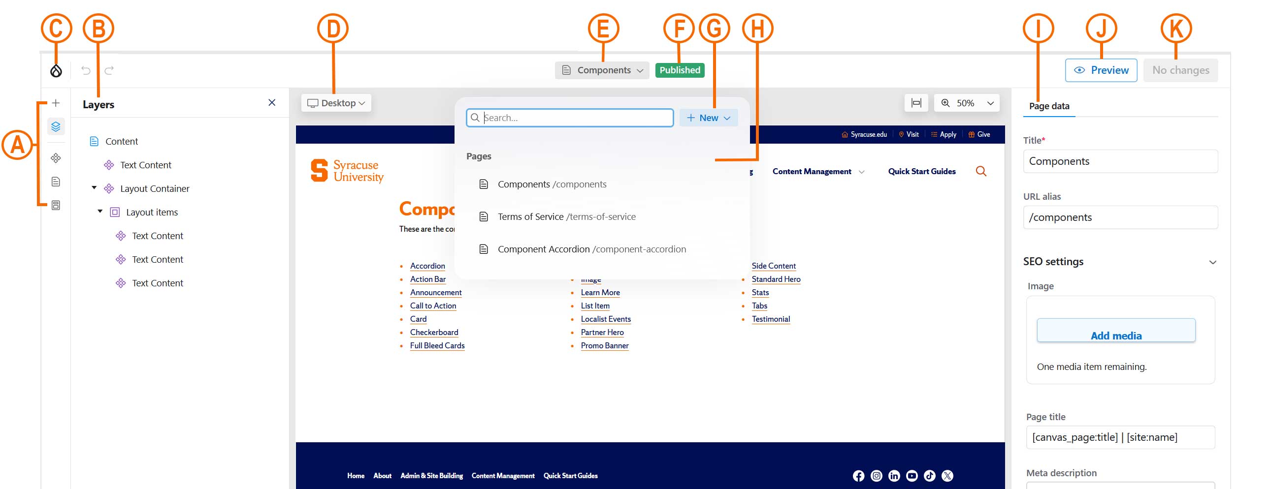 Drupal Canvas Interface showing the different regions
