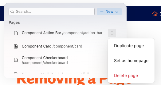 Screenshot of how to delete a page in Drupal. 