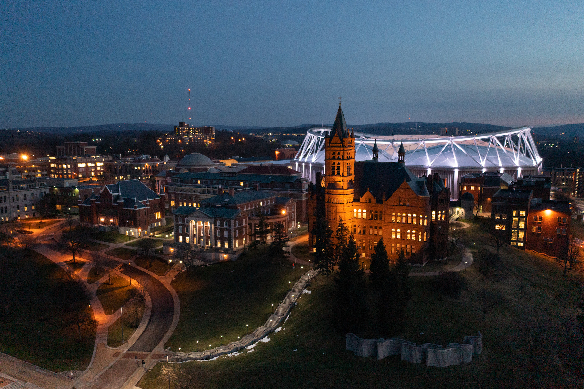 Aerial View of Syracuse University Campus at Night