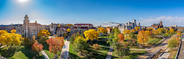 A view of Syracuse Campuse in the Fall from the air